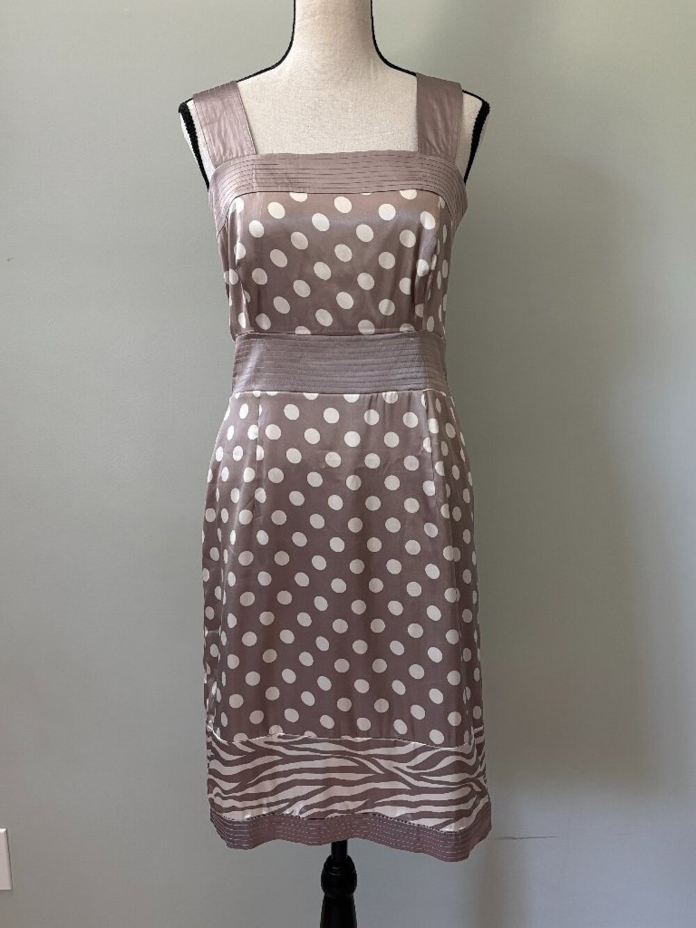 BCBGMAXAZRIA Taupe Polka Dot Zebra Trim Sheath Dress Small Like New